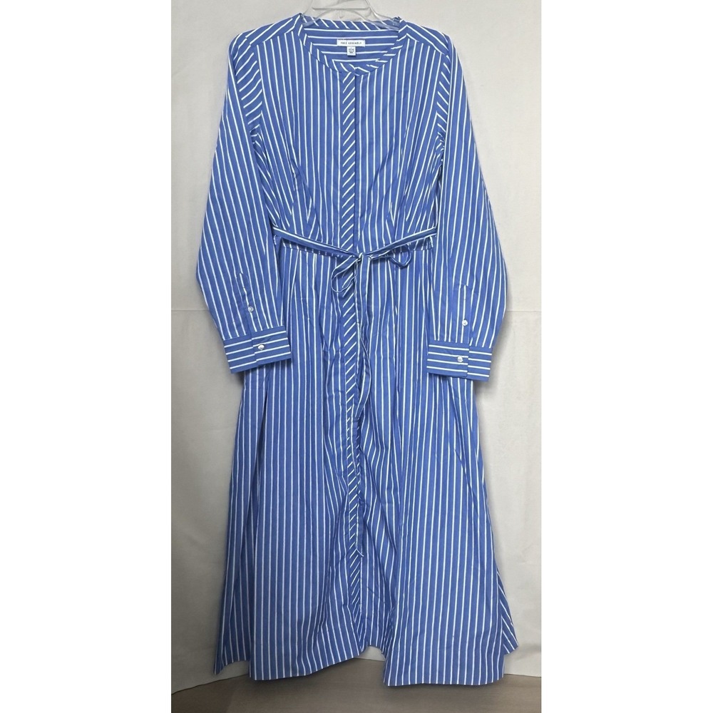 Striped Blue and White Midi Shirt Dress with Self-Tie Waist